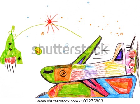 passenger airplane. children\'s drawing.