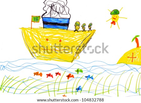 children\'s drawing. ship, fish and sea