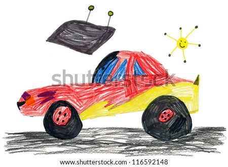 red racing car. child\'s drawing on paper.