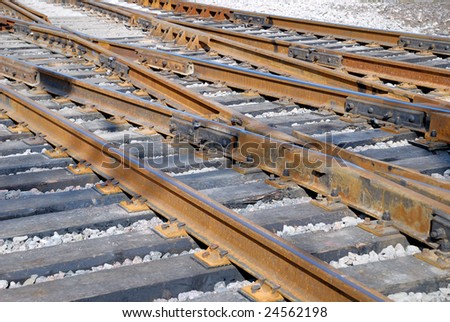 Close up of connection a rail and railway cross ties