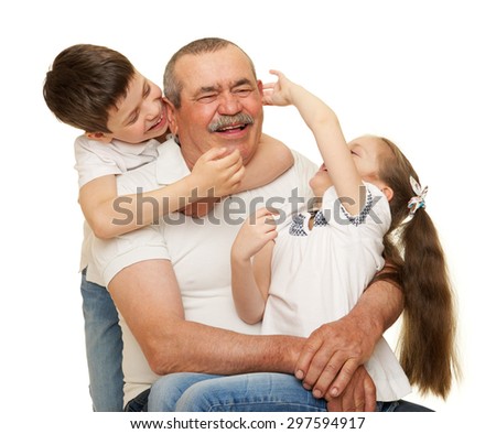 Grandfather and grandchildren portrait on white