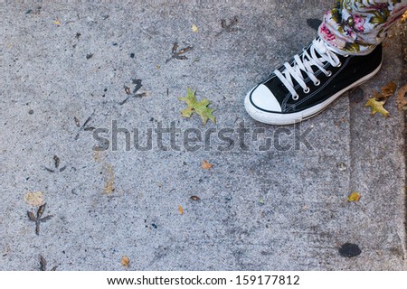 Black Sneaker on concrete with bird tracks and autumn leaves