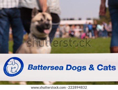 Battersea Park, London, UK - 7 September 2014: Battersea Dogs & Cats banner with blurred dog and owners in the background. Picture taken at the annual reunion event.