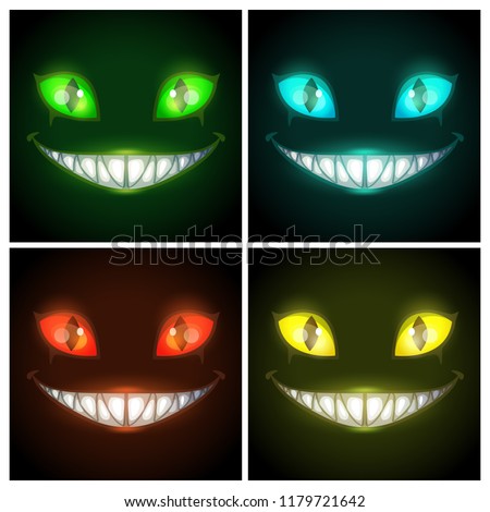 Halloween creepy posters set. Fantasy scary smiling evil animal face on the black background. Cheshire Cat eyes and mouth, vector illustration. Nightmare fantasy creature.