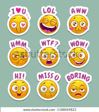 Funny cartoon stickers with yellow emoji face and text. Vector comic emoticons set.