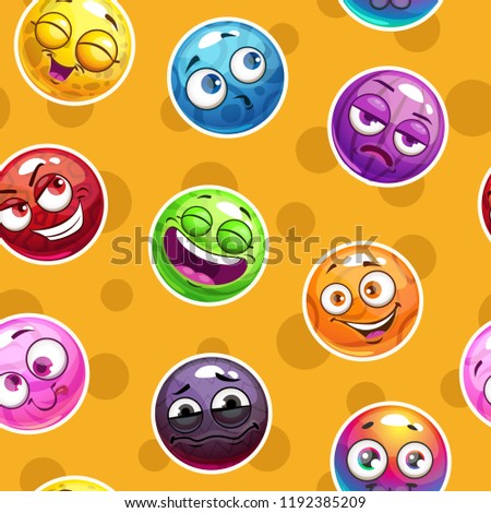 Emoji texture. Seamless pattern with funny colorful emoticon faces on yellow background. Vector square endless print tile.