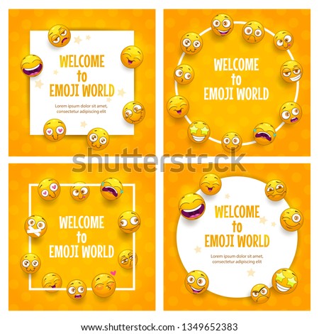 Emoji frames. Funny square backgrounds with comic yellow faces. Vector templates for typography or web design.