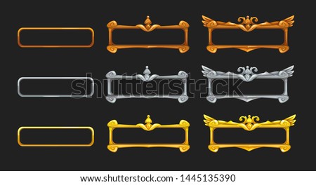 Metallic title banners set for epic game design. Golden, silver and bronze decorative frames. Vector assets for web or GUI development.
