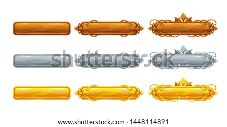 Metallic title banners set for epic game design. Golden, silver and bronze decorative frames. Vector assets for web or GUI development. Isolated on white.