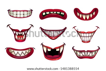 Creepy clown mouths set. Scary smile with jaws and red lips. Vector Halloween elements.
