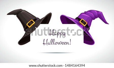 Black and purple witch hat on the paper corner. Halloween decor. Vector illustration.