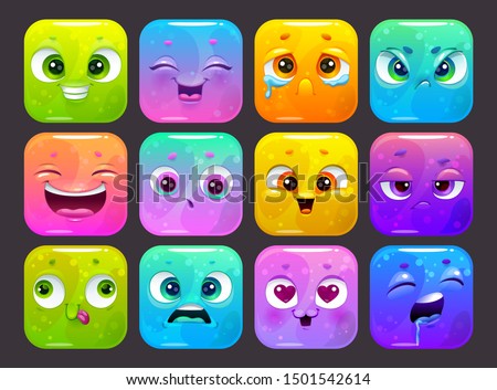 Funny carton square faces set. Colorful emoji stickers, isolated GUI assets on dark background. Vector app icons for game logo design.