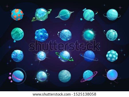 Cartoon blue planets set. Funny fantasy planet on cosmic background. Vector space assets for game design.