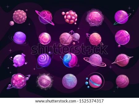 Cartoon purple planets set. Funny fantasy planet on cosmic background. Vector space assets for game design.