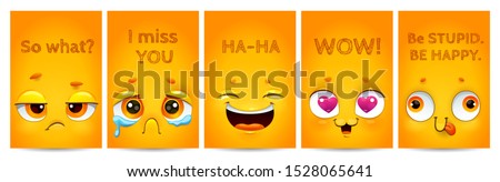 Funny yellow posters with comic cartoon faces and text on them. Vector emoji greeting card templates set.