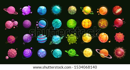 Mega huge pack of fantasy cartoon colorful planets. Green, blue, purple, pink, red, orange, yellow planet on the black background. Multicolor space assets for game design. Vector icons set.