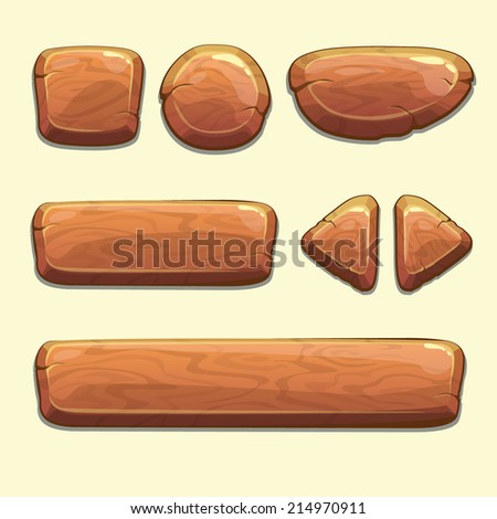 Set of cartoon wooden buttons with different shapes, vector gui elements