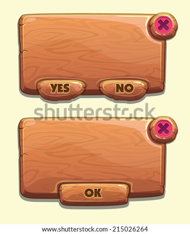 Wooden cartoon panels for game UI, including yes/no and Ok buttons