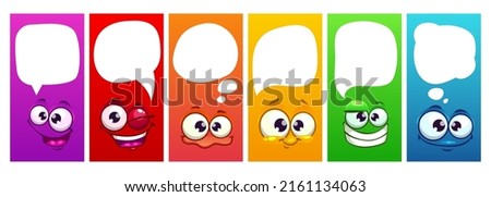 Set of colorful funny childish stickers with comic cartoon faces and speech bubbbles. Vector template for web or typography design.
