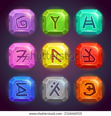 Shiny square stones with fantastic symbols. Runes on the rocks in different colors, beautiful elements for game design.
