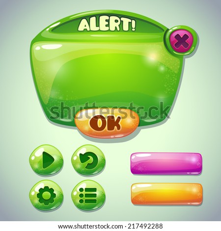 Set of green glossy information panel and buttons, beautiful sparkling elements for your game design