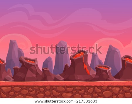 Seamless Cartoon Volcano Landscape, Vector Endless Background With ...