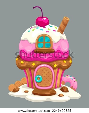 Sweet cartoon fairy tale home. Cute fantasy building making of candies, waffles, cream, cakes, chocolate and other sweets. Birthday cake looks like magic candy house. Vector illustration.