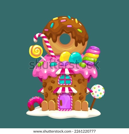 Sweet cartoon fairy tale home. Cute fantasy building making of donut, candies, lollypops, cream, cakes, chocolate and other sweets. Birthday cake looks like magic candy house. Vector illustration.