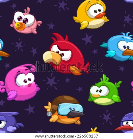 Seamless pattern with funny cartoon birds
