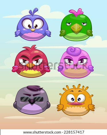 Set of funny round birds characters on the cloudy sky background