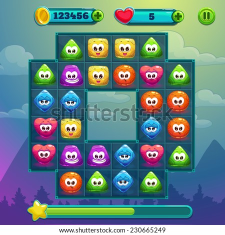 Ingame window, game interface with game board, cute simple characters with different colors and emotions, xp bar, coins and lives bars with add button, pause button