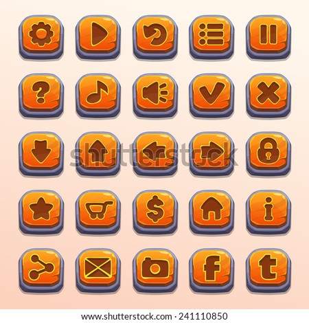 Big set of cartoon orange stone vector buttons for game UI