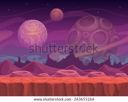 Alien fantastic landscape, seamless space background, separated layers for game design.