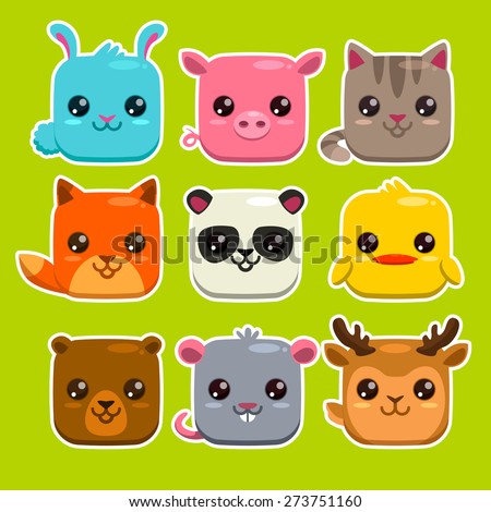 Set of cute cartoon square animals, vector zoo stickers