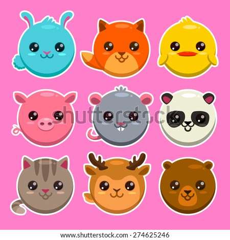 Set of cute cartoon round animals, vector zoo stickers