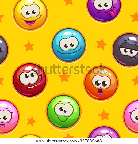 Seamless pattern with funny emoticon faces on yellow background, square endless texture tile