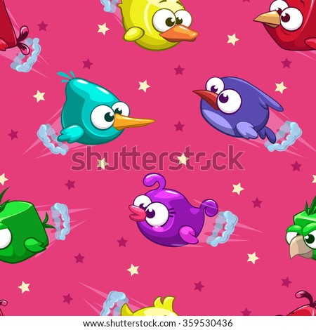 Seamless pattern with funny cartoon comic flying birds and stars on pink background, vector illustration