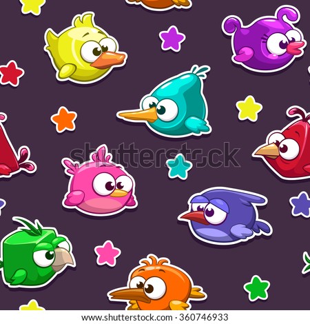 Seamless pattern with funny cartoon birds stickers on dark background