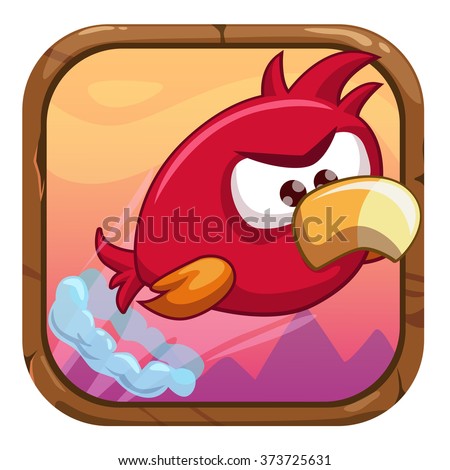 Cartoon app icon with funny flying bird, vector gui asset