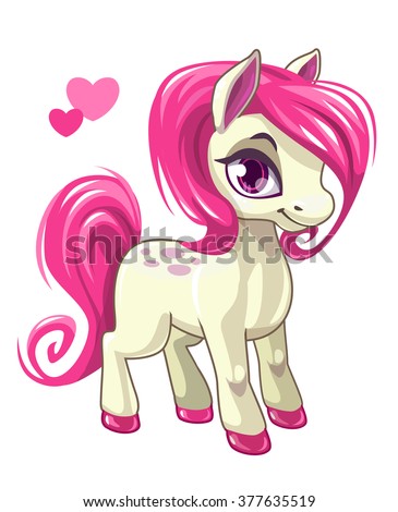 Cute cartoon little white baby horse with pink hair, beautiful pony princess character, vector illustration isolated on white