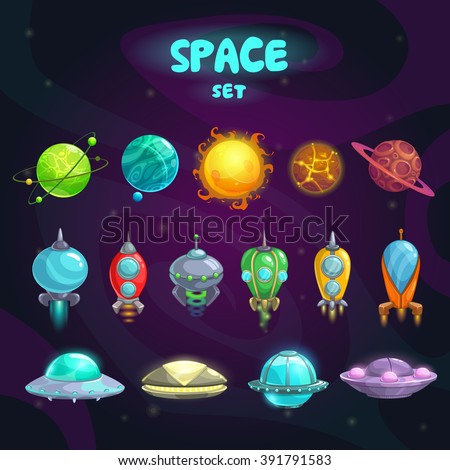 Space cartoon icons set. Planets, rockets, ufo elements on cosmic background