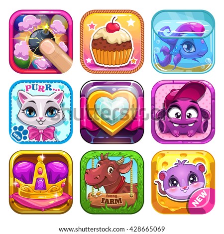 Funny cartoon kids games elements, app icons set, vector application store assets