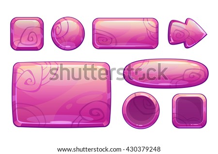 Pink glossy game assets set, isolated on white, different shape buttons and panels for game or web design, vector gui elements