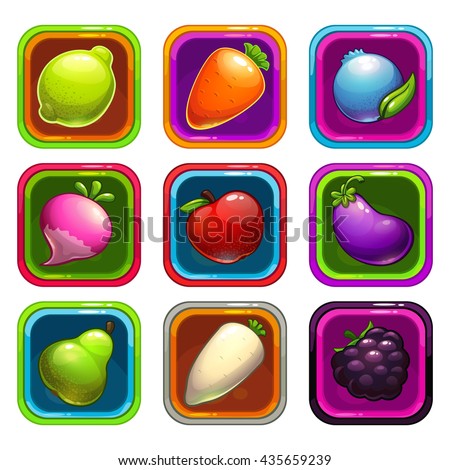 Cartoon app icons with colorful fruits and vegetables, vector GUI assets, game or web design elements