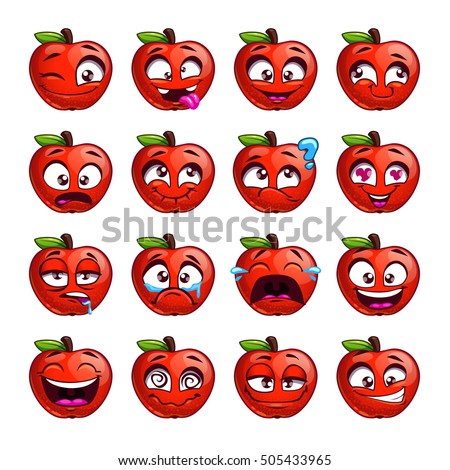 Funny cartoon apple character with different emotions on the face. Comic emoticon stickers set. Vector icons, isolated on white.