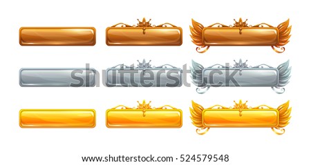 Cartoon vector title banners set for epic game design. Bronze, silver and golden ranking frames. Isolated on white.