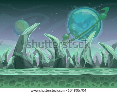 Fantasy seamless alien landscape with separated layers for game design. Vector space background.