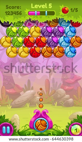 Cute game user interface with colorful bugs. Vector assets for bubble shooter.