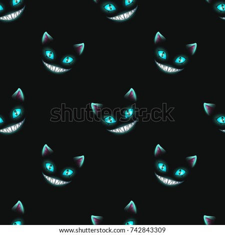 Seamless pattern with disappearing cat faces on black background. Cheshire Cat texture. Vector illustration.