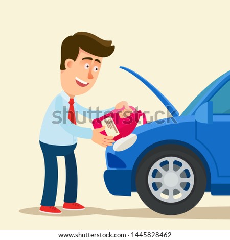 Driver adds antifreeze, coolant to the car. Error in the car - low level of coolant in the tank. Vector illustration, flat design, cartoon style. Side view.